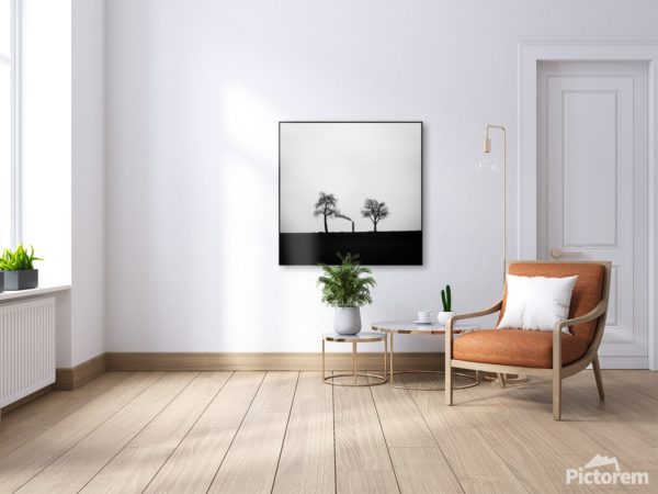 Vizualizace environmentálního fotoobrazu "Dva stromy a komín" na stěně, velikost 90cm x 90cm