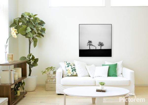 Vizualizace environmentálního fotoobrazu "Dva stromy a komín" na stěně, velikost 90cm x 90cm